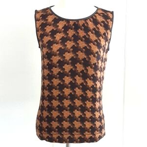 DANA BUCHMAN Brown Genuine Leather Trim Houndstooth Silk Shell Top Sz S - Vtg